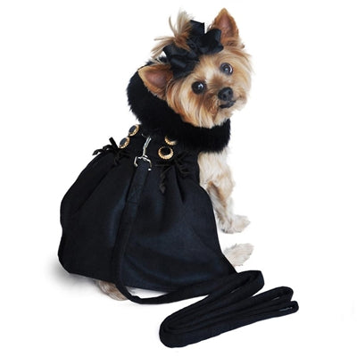 SALE ITEM! Designer Black Wool Blend Classic Dog Coat Harness and Black Fur Collar with Matching Leash. SALE ITEM!