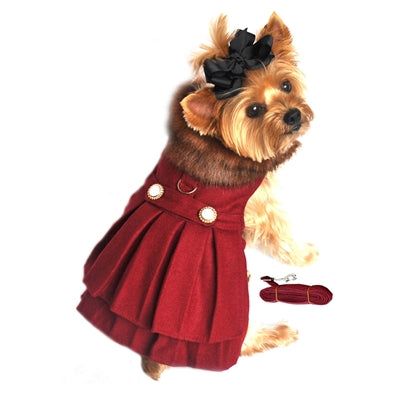 SALE ITEM! Designer Burgundy Wool Blend Classic Dog Coat Harness and Fur Collar with Matching Leash. SALE ITEM!