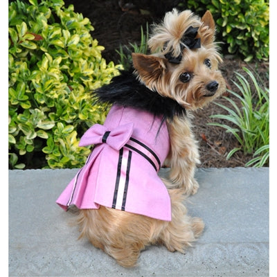 SALE ITEM! Designer Pink Wool Blend Classic Dog Coat Harness and Fur Collar with Matching Leash. SALE ITEM!