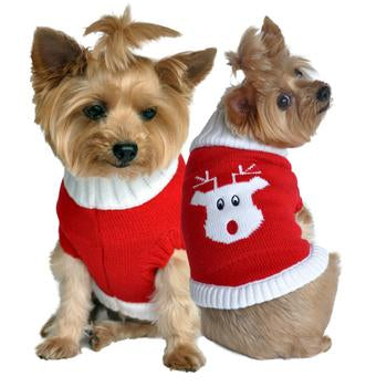 SALE ITEM! Combed Cotton Red Rudolph Holiday Dog Sweater. SALE ITEM!