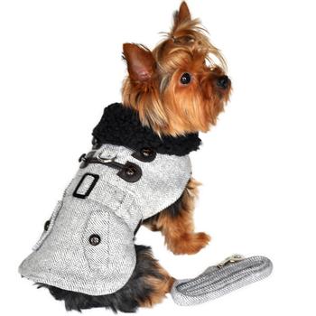 SALE ITEM! Grey Herringbone Designer Harness Coat and Matching Leash!